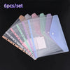 A set of six colorful, transparent expandable binder pockets for ring binders displayed on a dark background.