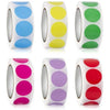 A collection of round dot labels in various colors including blue, yellow, green, and pink on white rolls.