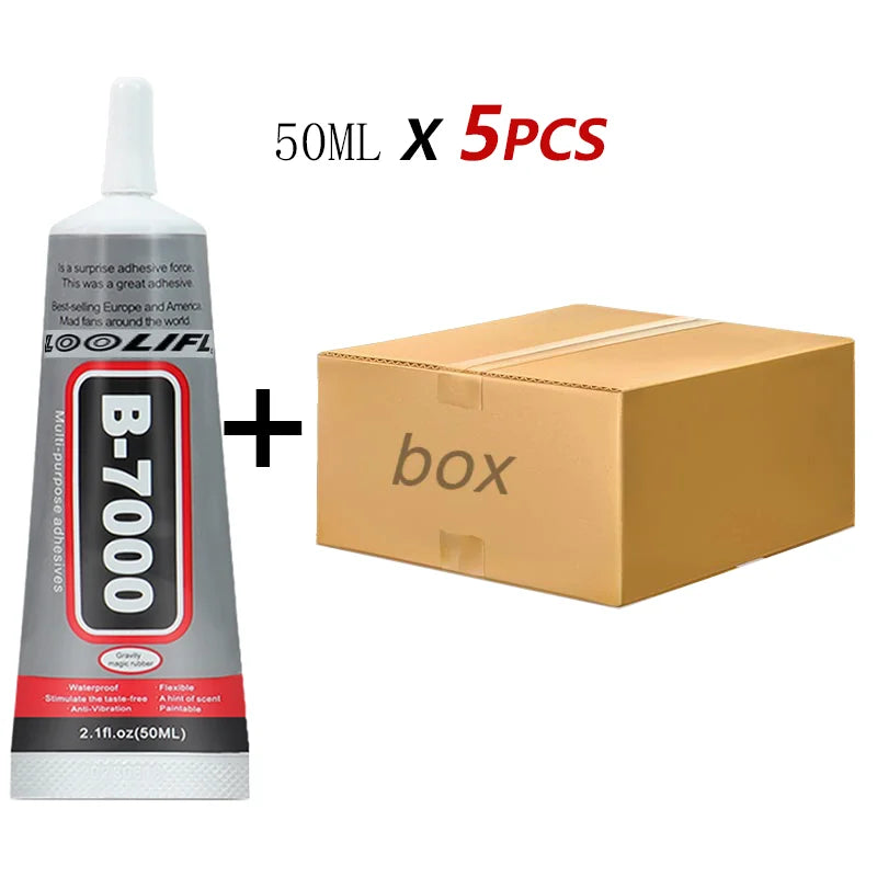 A bottle of B-7000 multipurpose adhesive glue with a box containing five 50ml bottles.