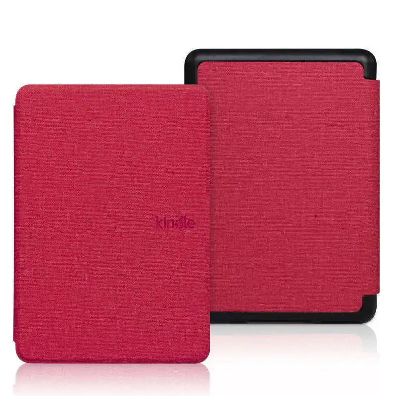 A red magnetic protective case for a Kindle e-reader, shown in a flat lay view.