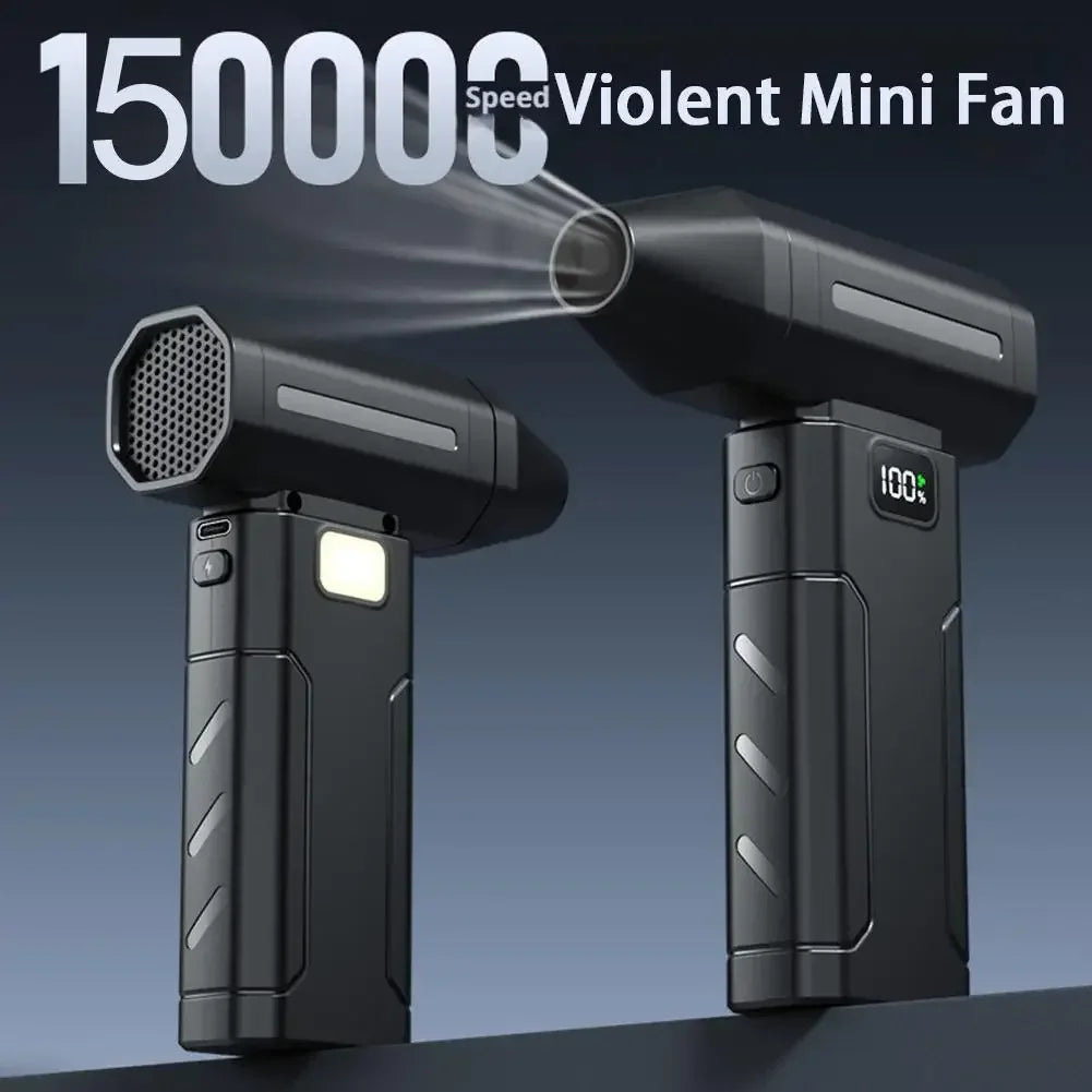 A black handheld mini fan with a large nozzle is shown against a dark gray background.