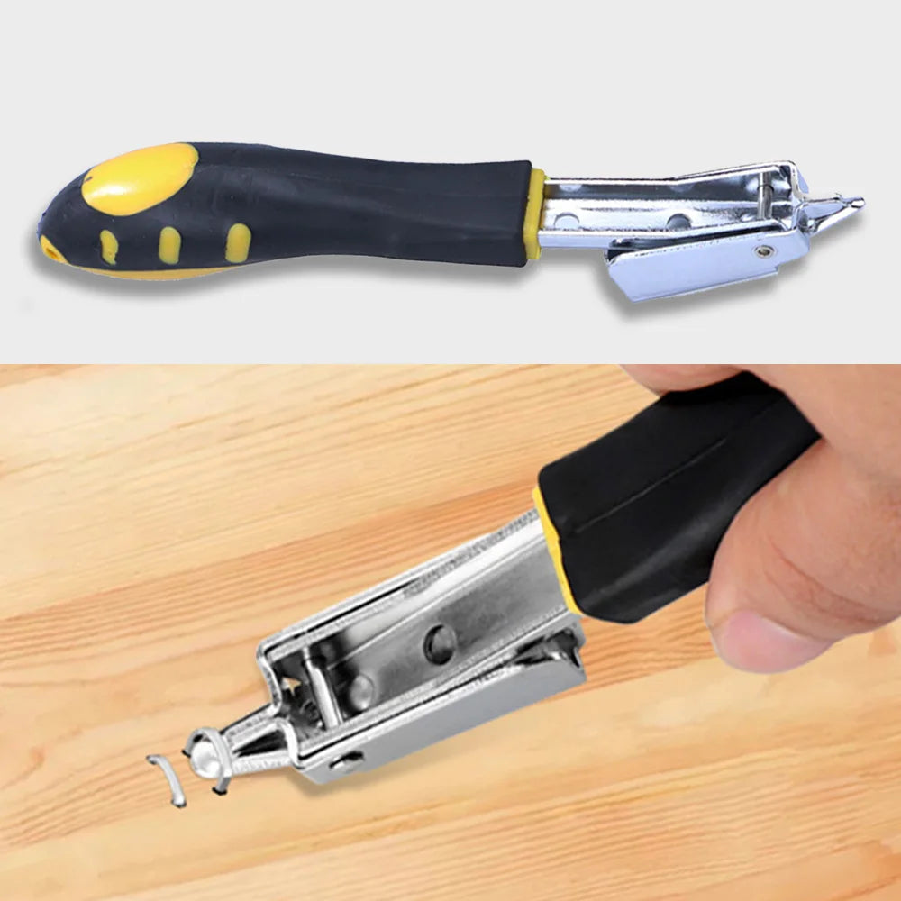 A hand holds a heavy duty manual multi-use staple gun with a black and yellow handle and silver stapler head.