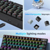 A black portable mechanical keyboard featuring a Typec interface, interchangeable keycaps, and multiple lighting modes.