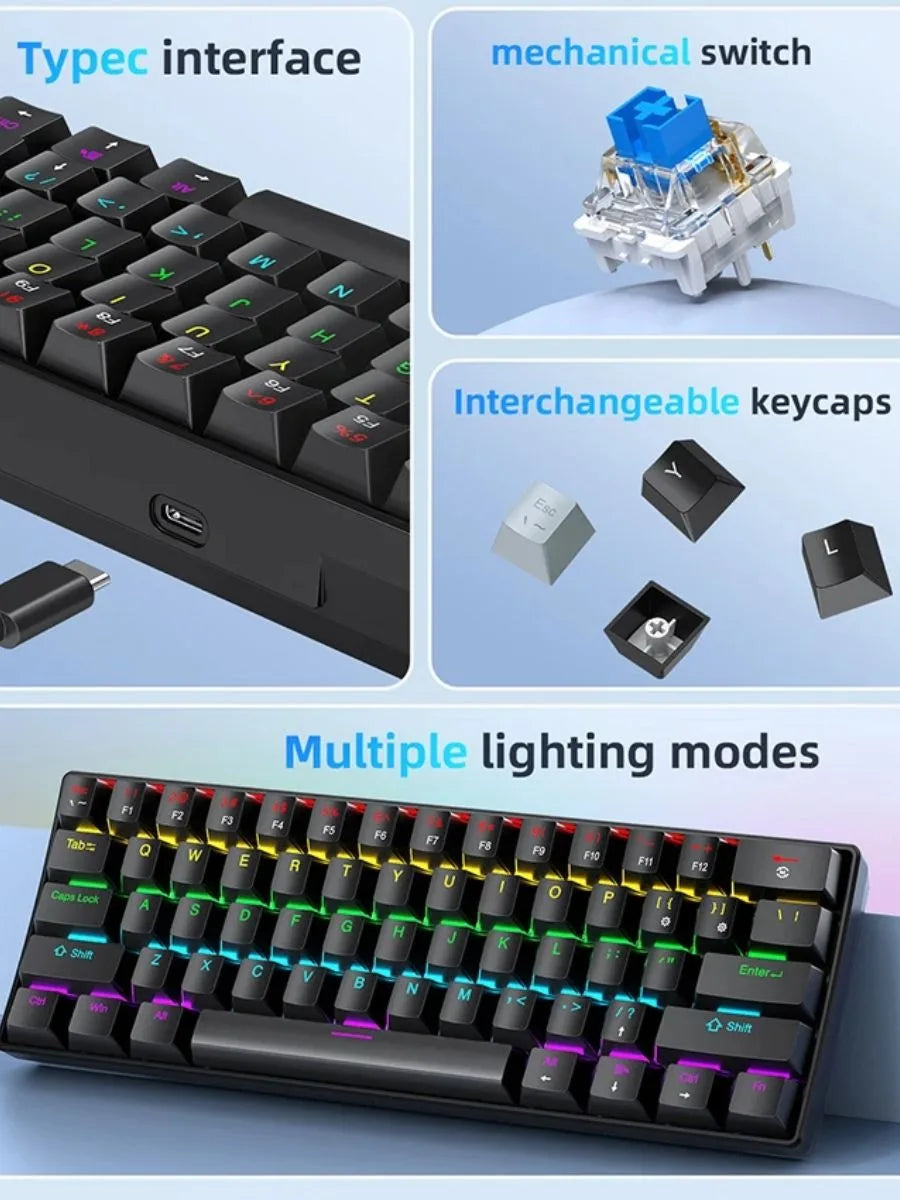 A black portable mechanical keyboard featuring a Typec interface, interchangeable keycaps, and multiple lighting modes.
