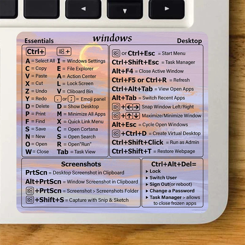A sticker showing essential Windows shortcuts for keyboard users