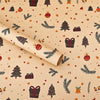 Christmas wrapping paper featuring festive designs of Santa, trees, pine branches, and ornaments on light beige paper.