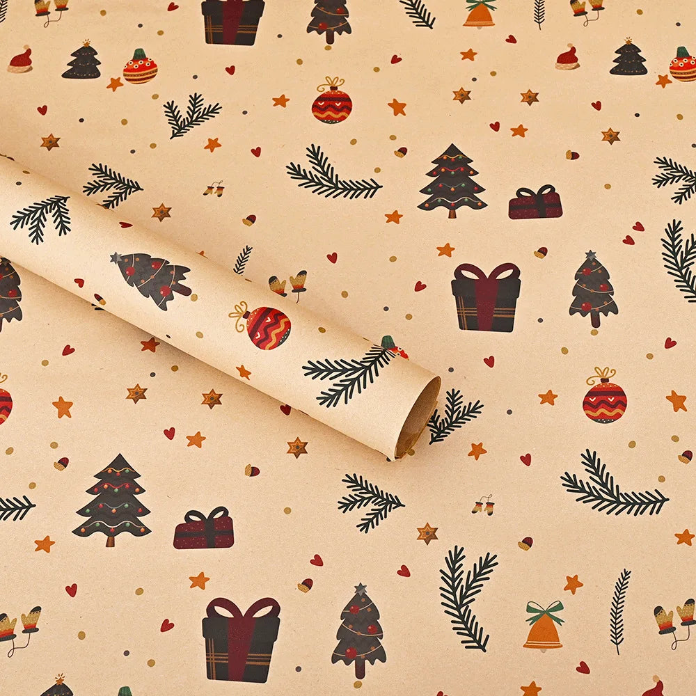 Christmas wrapping paper featuring festive designs of Santa, trees, pine branches, and ornaments on light beige paper.