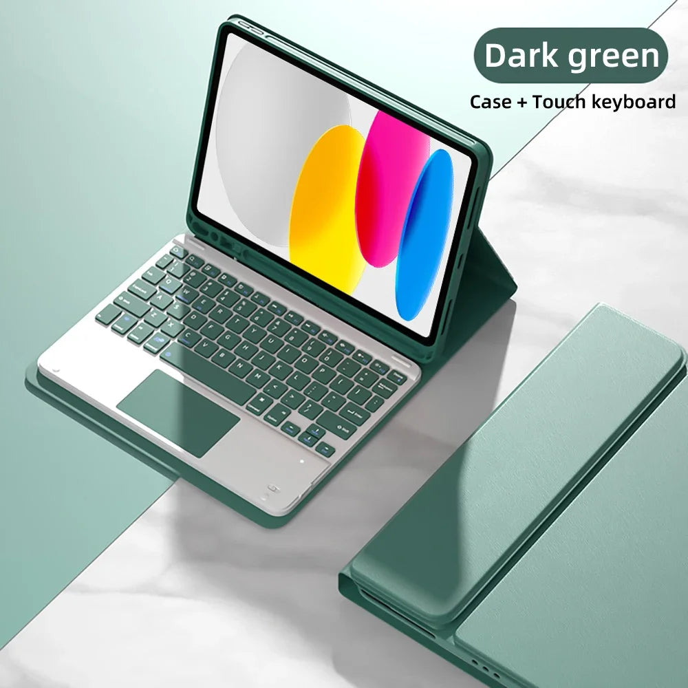 A dark green Bluetooth keyboard case for an iPad, showing the tablet with a attached touch keyboard.