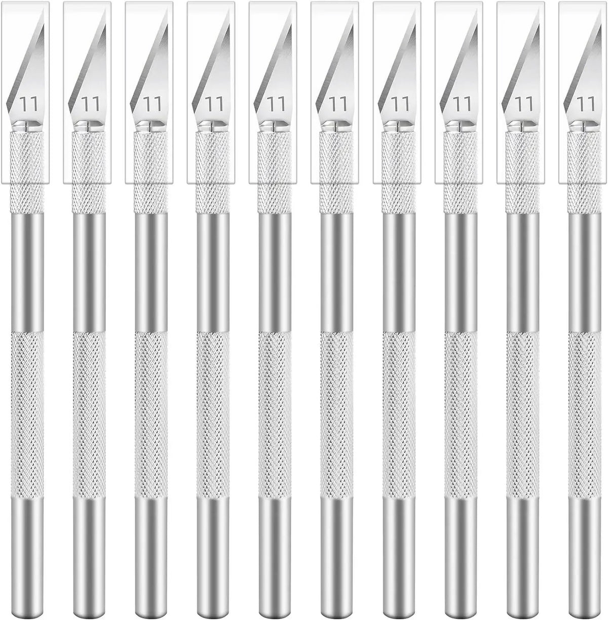 A set of ten precision craft knives with silver blades and textured handles are displayed side by side.