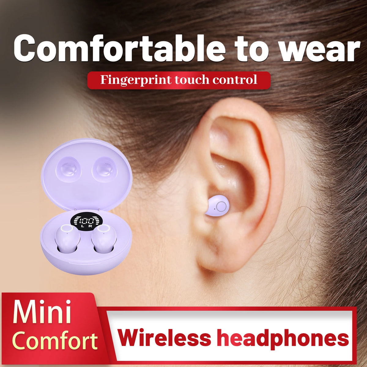 Primer plano de la oreja de una persona mostrando unos pequeños auriculares inalámbricos morados y un dispositivo de control.