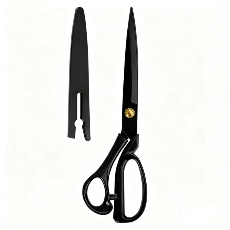 A pair of black professional tailor scissors with gold accents.