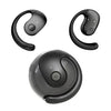 A pair of black wireless Bluetooth earbuds with a charging case shown in various angles.