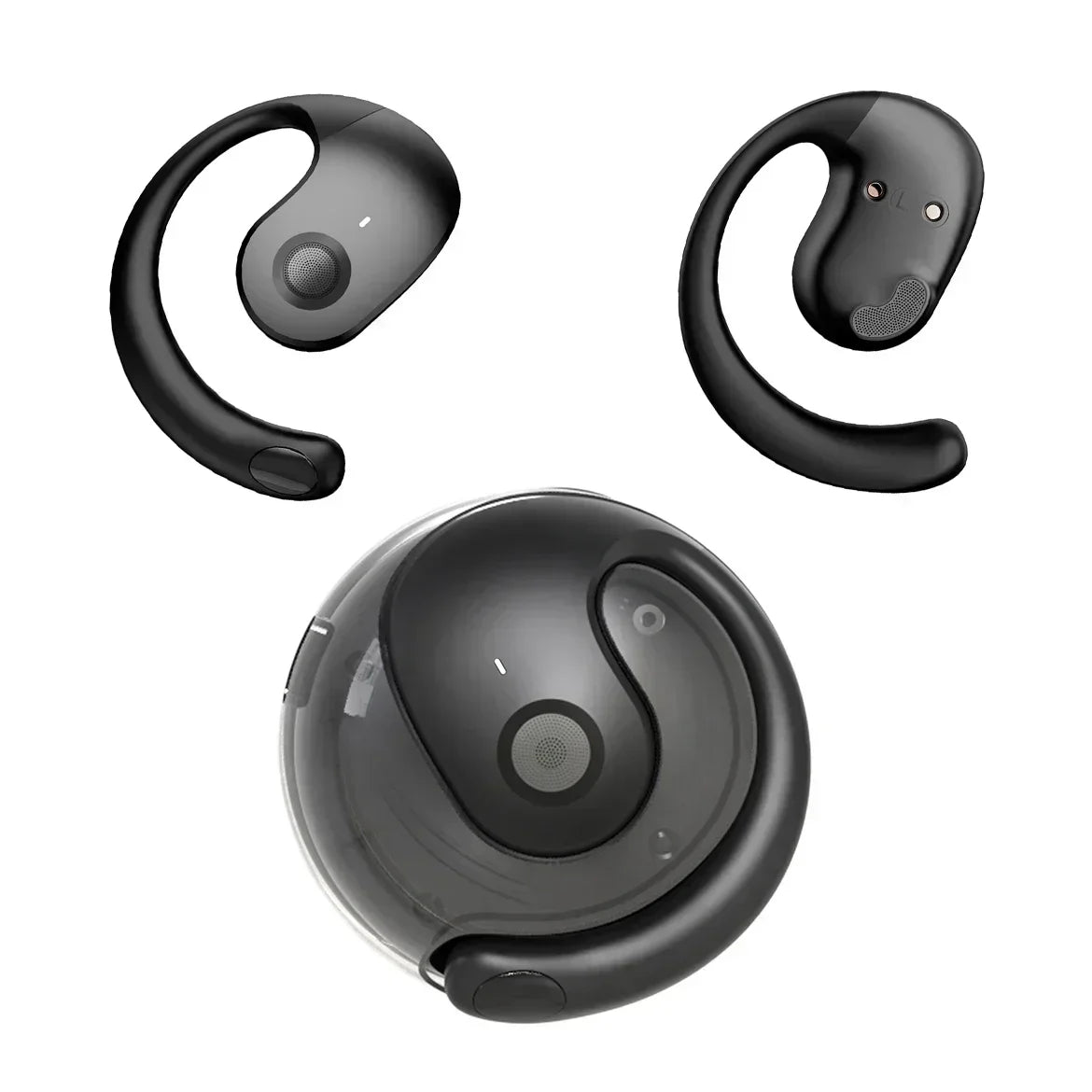 A pair of black wireless Bluetooth earbuds with a charging case shown in various angles.
