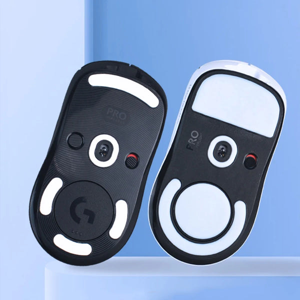 A pair of black and white mouse skates for Logitech G PRO wireless gaming mouse displayed against a light blue background.