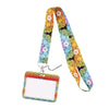 A colorful, patterned fabric lanyard with a rectangular ID badge attached to a metal clip.