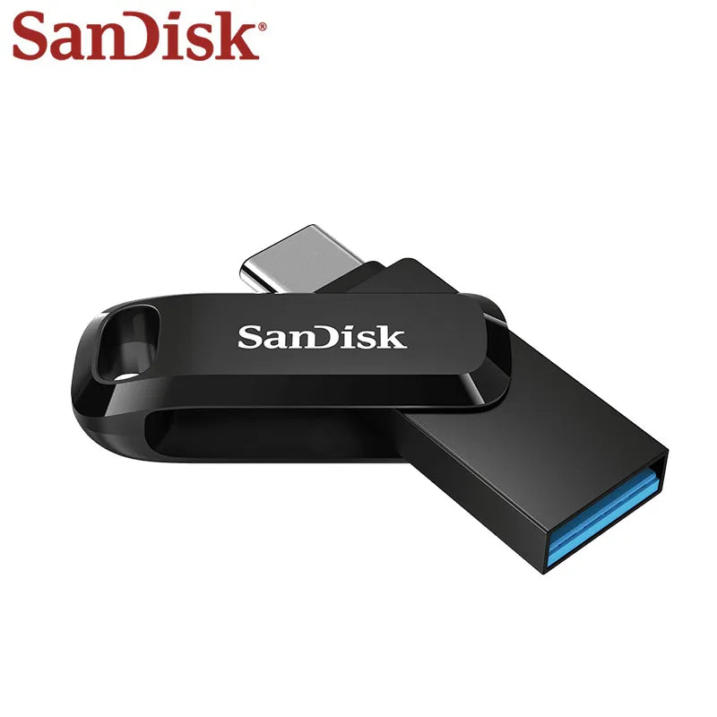Black SanDisk Ultra Dual Drive flash drive with USB Type-C and Type-A connectors.