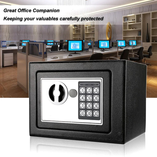 A black digital lock safe box with a keypad and a keyhole is shown in an office setting.