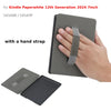 A hand is holding a gray leather case with a strap, next to an open version of the case.