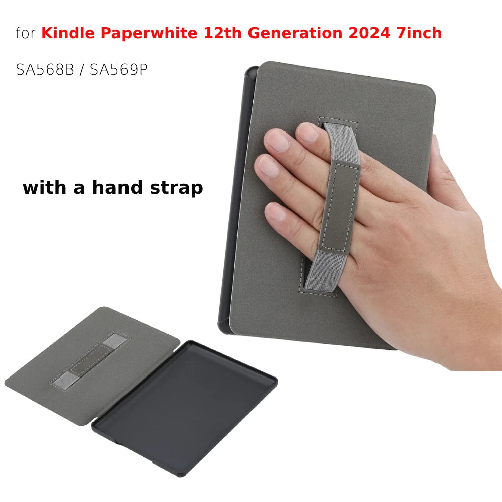 A hand is holding a gray leather case with a strap, next to an open version of the case.