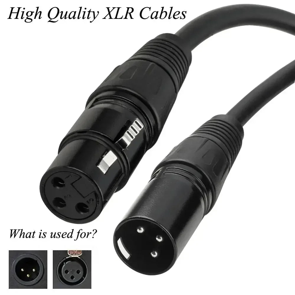 A black high quality XLR cable with connectors shown in close-up views.