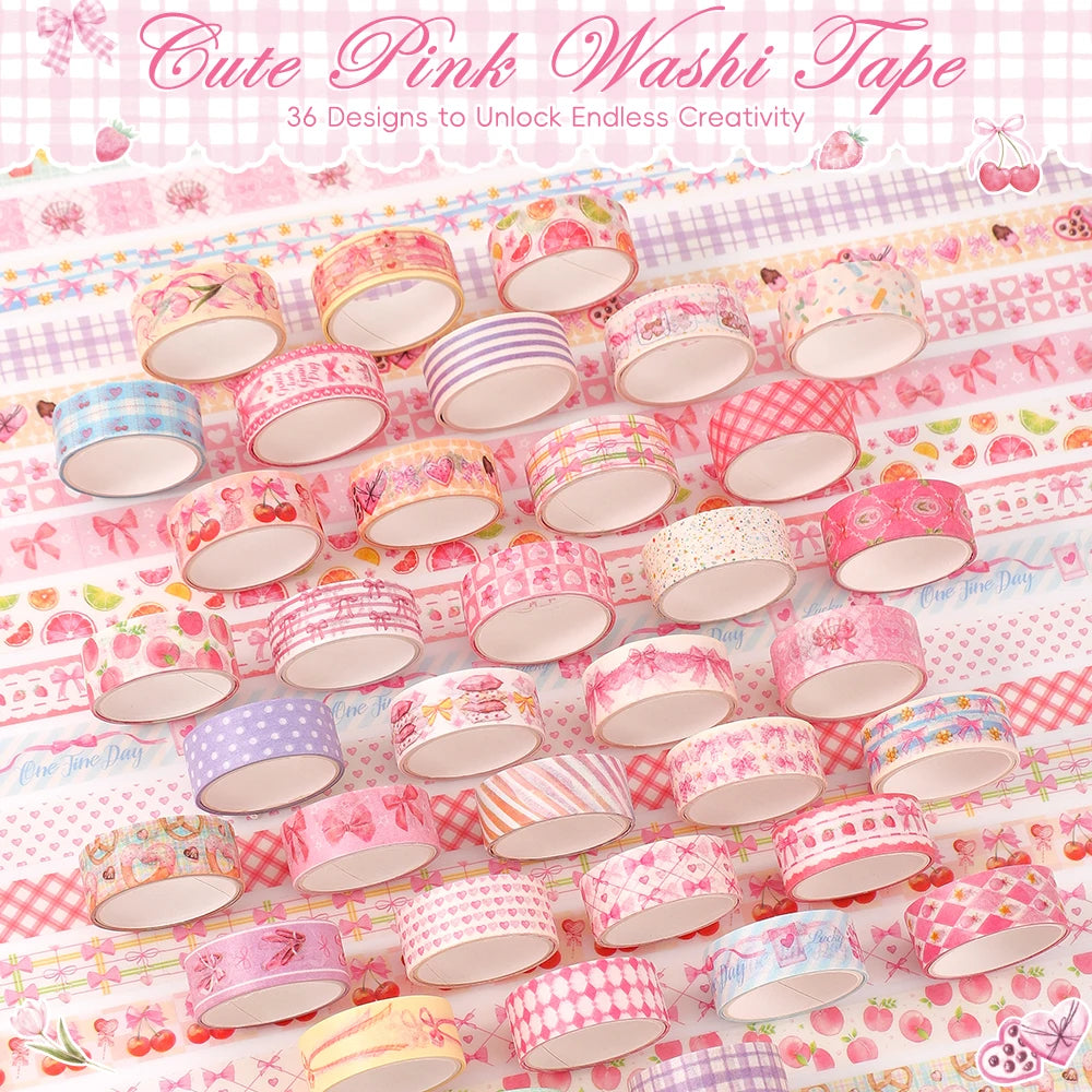 A collection of 36 rolls of cute pink washi tape featuring butterfly and gingham designs.