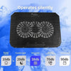 Black laptop cooling pad with a perforated fan design and various decibel levels for silent operation