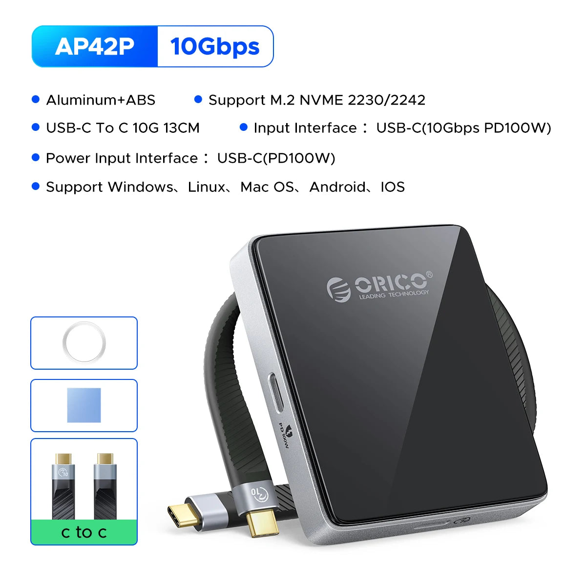 Una carcasa magnética NVMe SSD negra con cubierta plateada y un cable negro junto a las especificaciones técnicas.