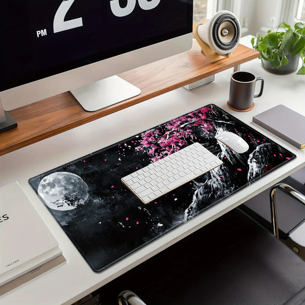 A black desk mat featuring a pink cherry blossom design and a white wireless mouse on a wooden desk.