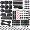 A collection of black cable organizers, including various clips and holders for managing desk cables.