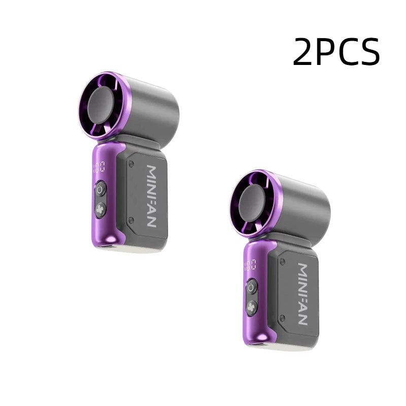 Two portable USB rechargeable mini fans in purple and gray color scheme.