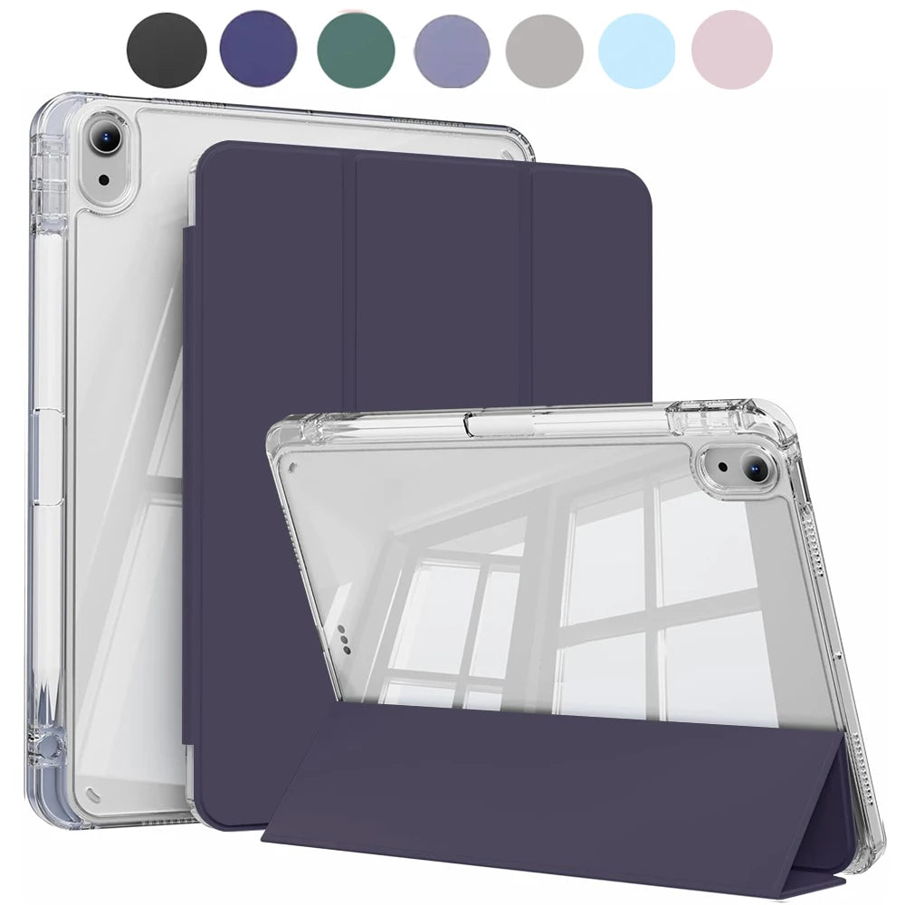 A clear protective case and matching purple folio cover for an Apple iPad, shown with various color options.