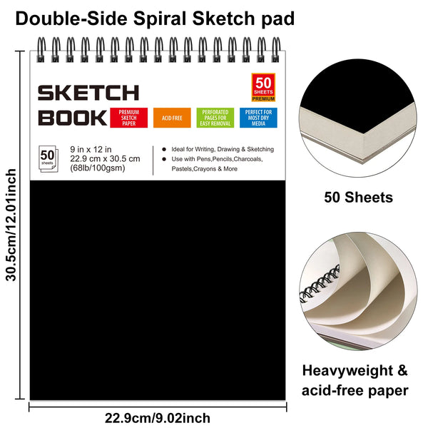 A black double-side spiral sketch pad with 50 sheets of heavyweight acid-free paper.