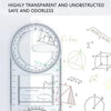 A transparent geometric drawing ruler with a rotating angle feature showing various trigonometric and geometric diagrams.