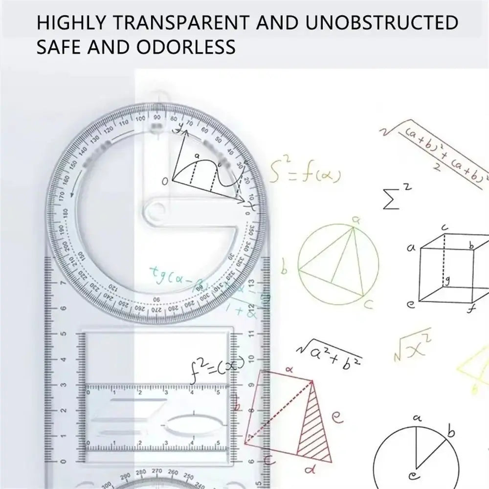A transparent geometric drawing ruler with a rotating angle feature showing various trigonometric and geometric diagrams.