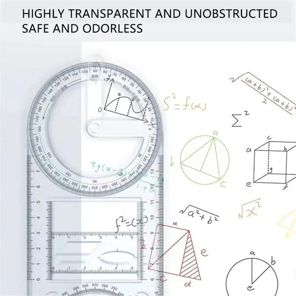 A transparent geometric drawing ruler with a rotating angle feature showing various trigonometric and geometric diagrams.