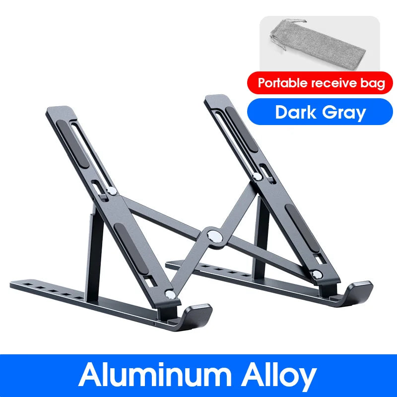 Portable dark gray aluminum alloy adjustable laptop receiver bag stand.