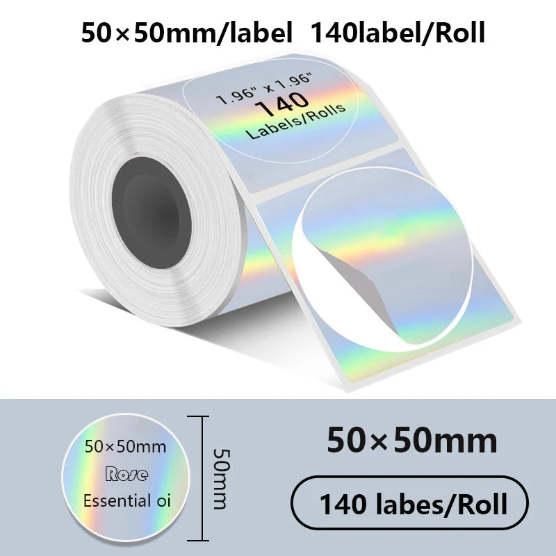 Roll of 140 round thermal sticker labels measuring 50x50mm per label.