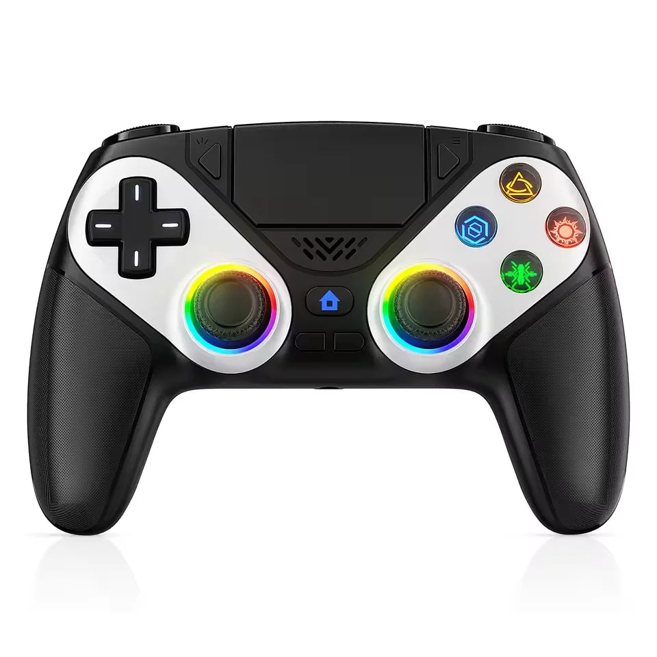 A black and white RGB wireless gaming controller for PS5 and PC shown from the top view.