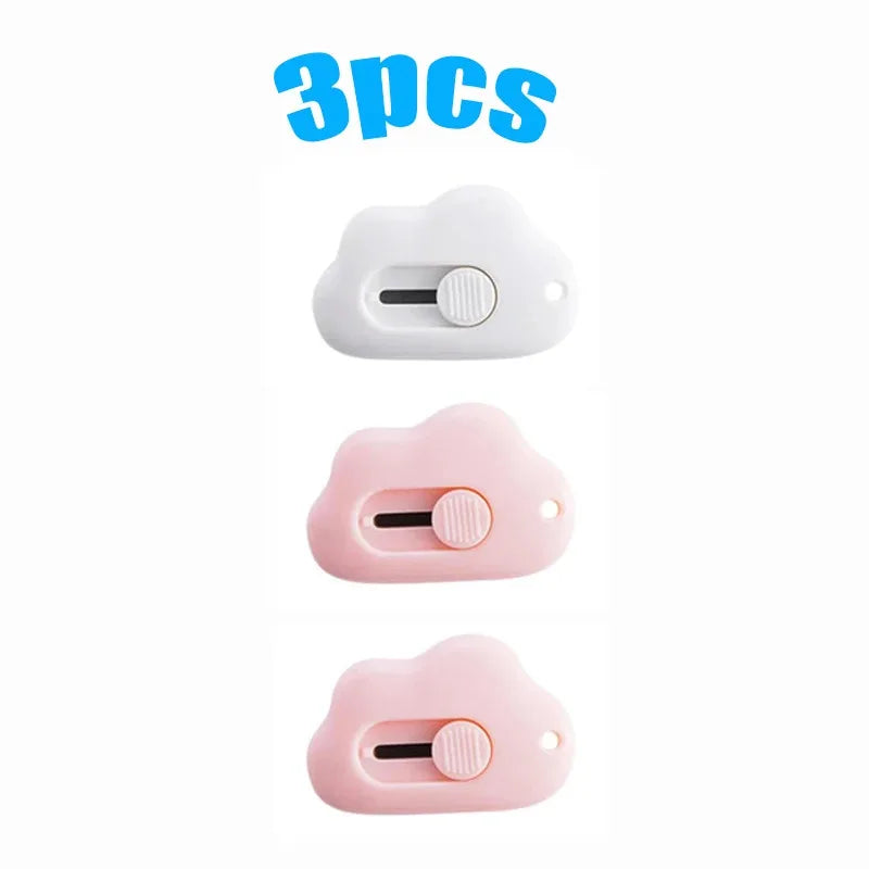 A set of three multi-color rabbit cloud utility knives in white, pink, and light pink.