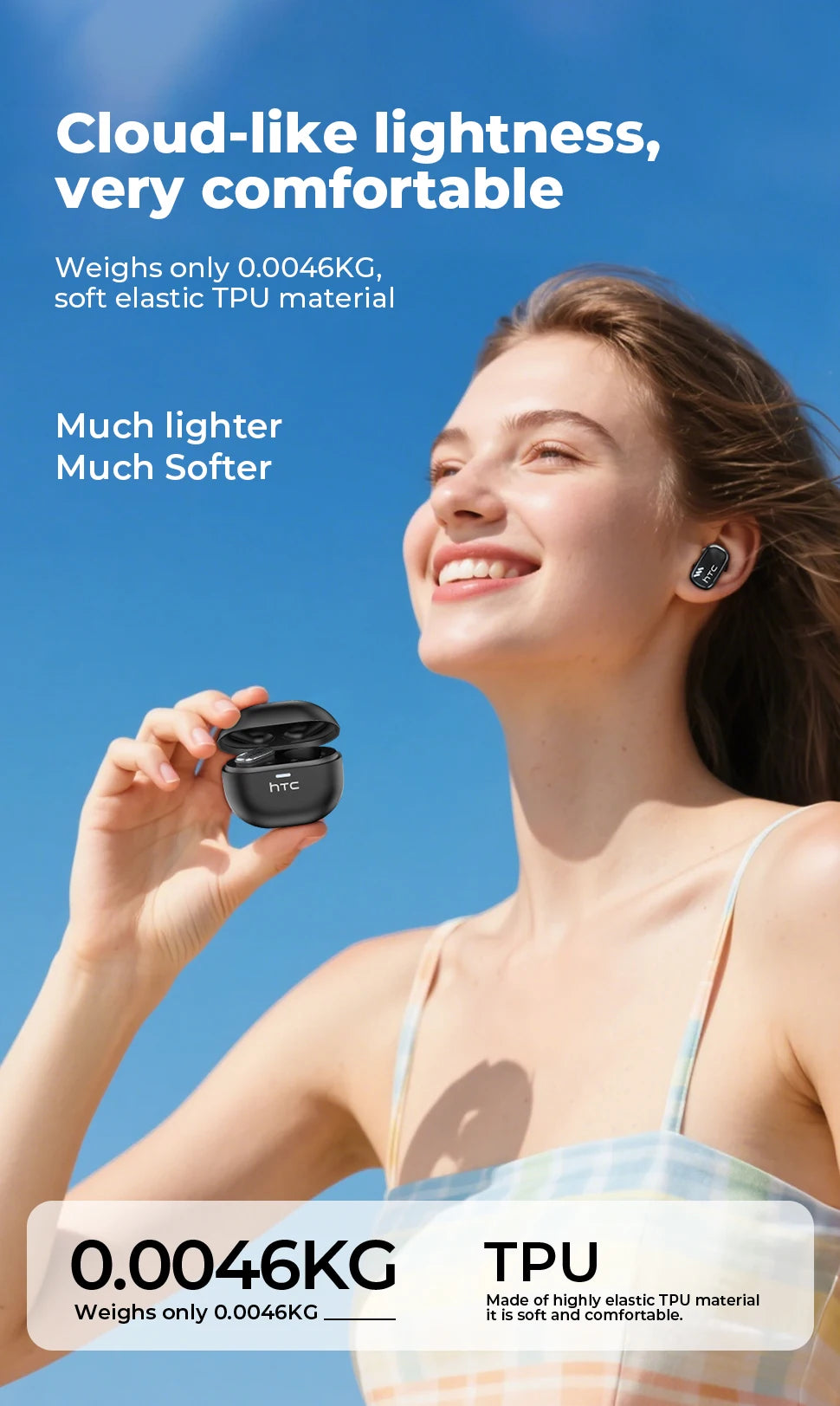 A woman is holding a black AI Translation Bluetooth earbud in her hand, demonstrating its lightweight and soft design.