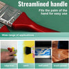 A red paint brush with a streamlined handle is shown alongside examples of its use on edge trim, paint, wall paint, and brush