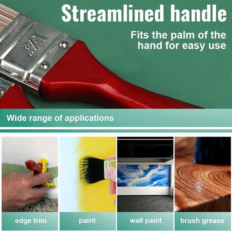 A red paint brush with a streamlined handle is shown alongside examples of its use on edge trim, paint, wall paint, and brush