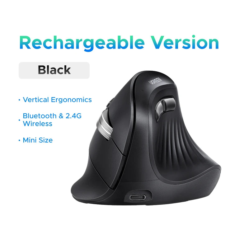 Black rechargeable version of an ergonomic vertical wireless mouse shown from the side.