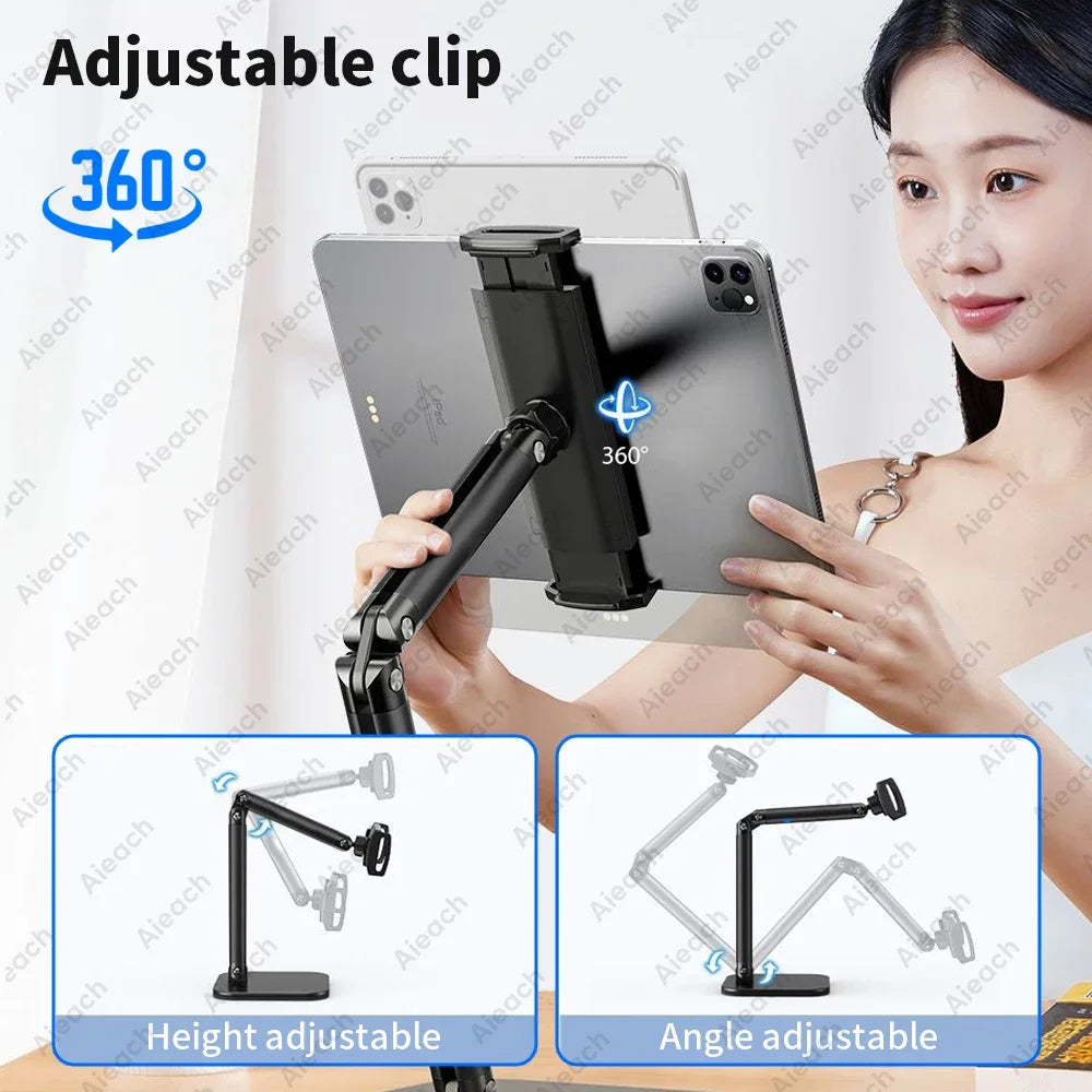 A woman is using an adjustable clip stand to hold a tablet or phone at a 360-degree angle for viewing.
