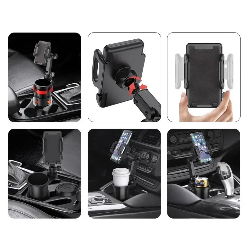 A universal car cup holder mount with a 360-degree rotating phone holder shown in various installation contexts.