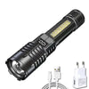 A black tactical LED flashlight with a zoom feature is shown, highlighting its body and lens.