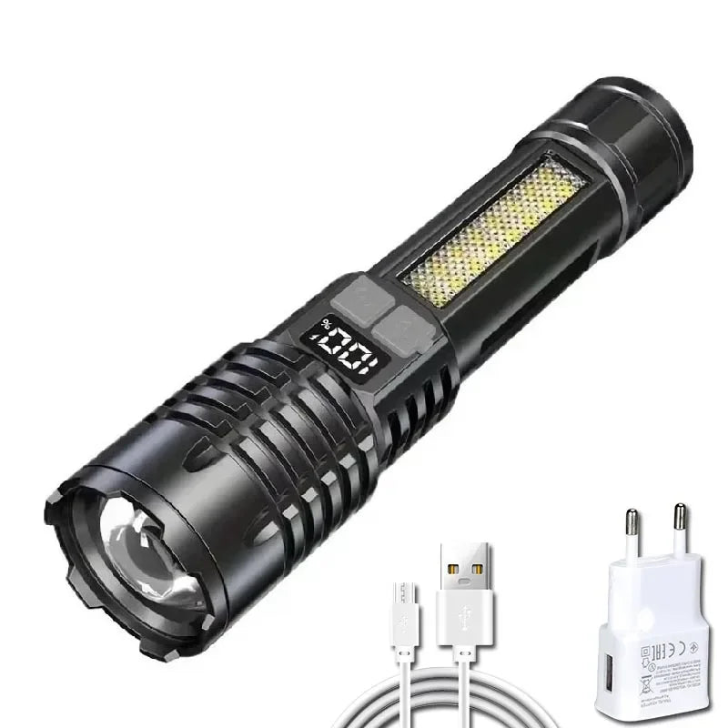A black tactical LED flashlight with a zoom feature is shown, highlighting its body and lens.