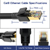 Diagram showing the specifications and components of a Cat8 Ethernet cable including the connector, jacket, and gold-plated p