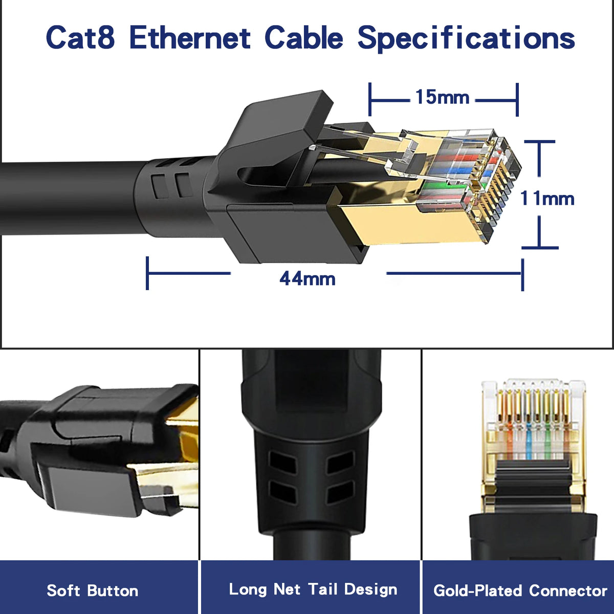 Diagram showing the specifications and components of a Cat8 Ethernet cable including the connector, jacket, and gold-plated p