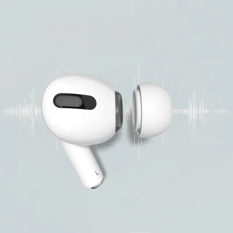A pair of white replacement eartips for AirPods Pro silicone cases shown against a light gray background.